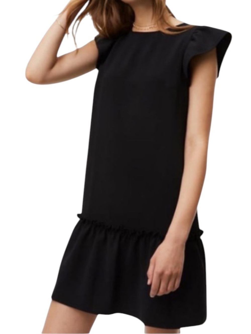 LOFT Black Ruffle Hem Cap Sleeve Mini Dress